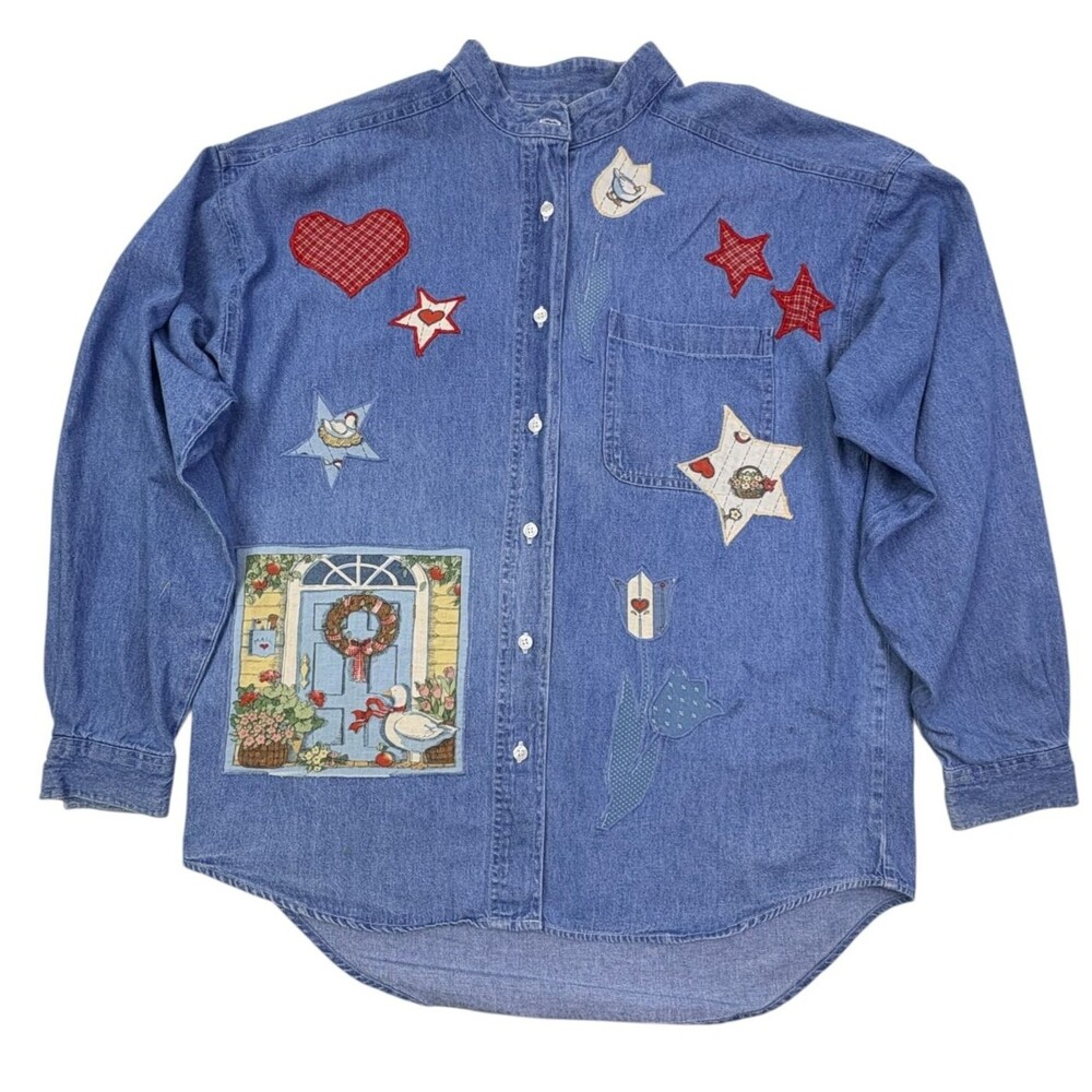 VTG Details Express Goose Duck Applique Denim Shirt Americana Folk Art L